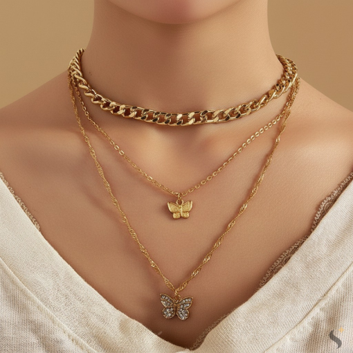 BELLE – Alloy & Brass Chain & Butterfly Complimenting Dual Neckpiece