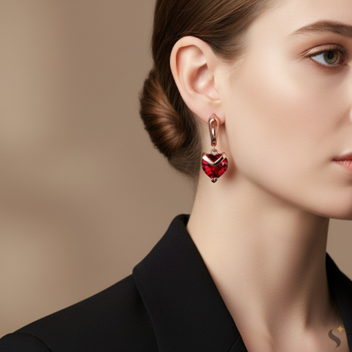 Rozy Or GARNET- Crystal Heart Rose Gold Polish Scarlet Statement Earrings