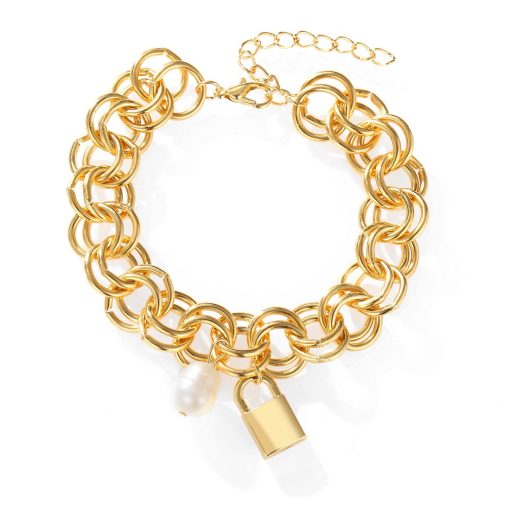 COURTNEY- Brass & Metal Double-chained bracelet with a padlock charm - Image 2