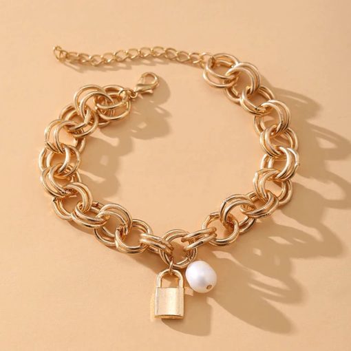 COURTNEY- Brass & Metal Double-chained bracelet with a padlock charm