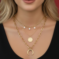 MAJESTICA - Alloy Gold Polish 3 piece necklace with a flower and a crescent moon pendant