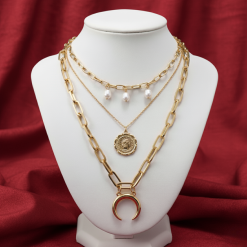 Alternative view of MAJESTICA - Alloy Gold Polish 3 piece necklace with a flower and a crescent moon pendant