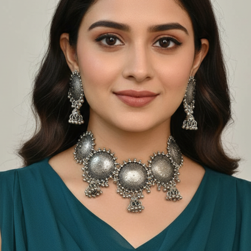 SYLVIA - Charming Circular Charms With Tassels Necklace With Earrings In Oxidized Brass Metal
