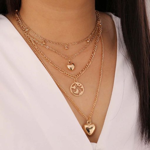 DARLA - Set of 4 Layered Chains with Heart and Globe Charms in Brass
