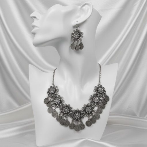 BLOSSOM – Oxidized Necklace & Earrings Set With Floral & Circular Charms - Image 2