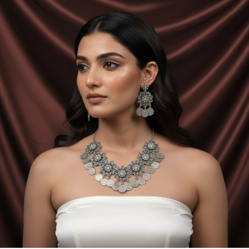 BLOSSOM – Oxidized Necklace & Earrings Set With Floral & Circular Charms