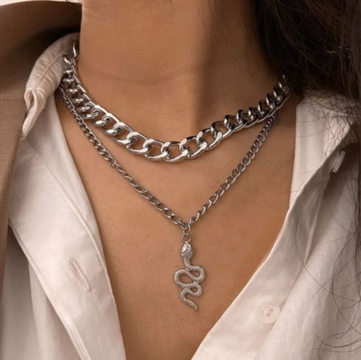 NATHAIRA (water snake) - Layered Chain Set with Serpent Pendant in Brass Metal