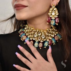 Alternative view of DAMINI – Jaipuri Enamel Work Dual Toned in Blue and Wine Choker Set with Kundan
