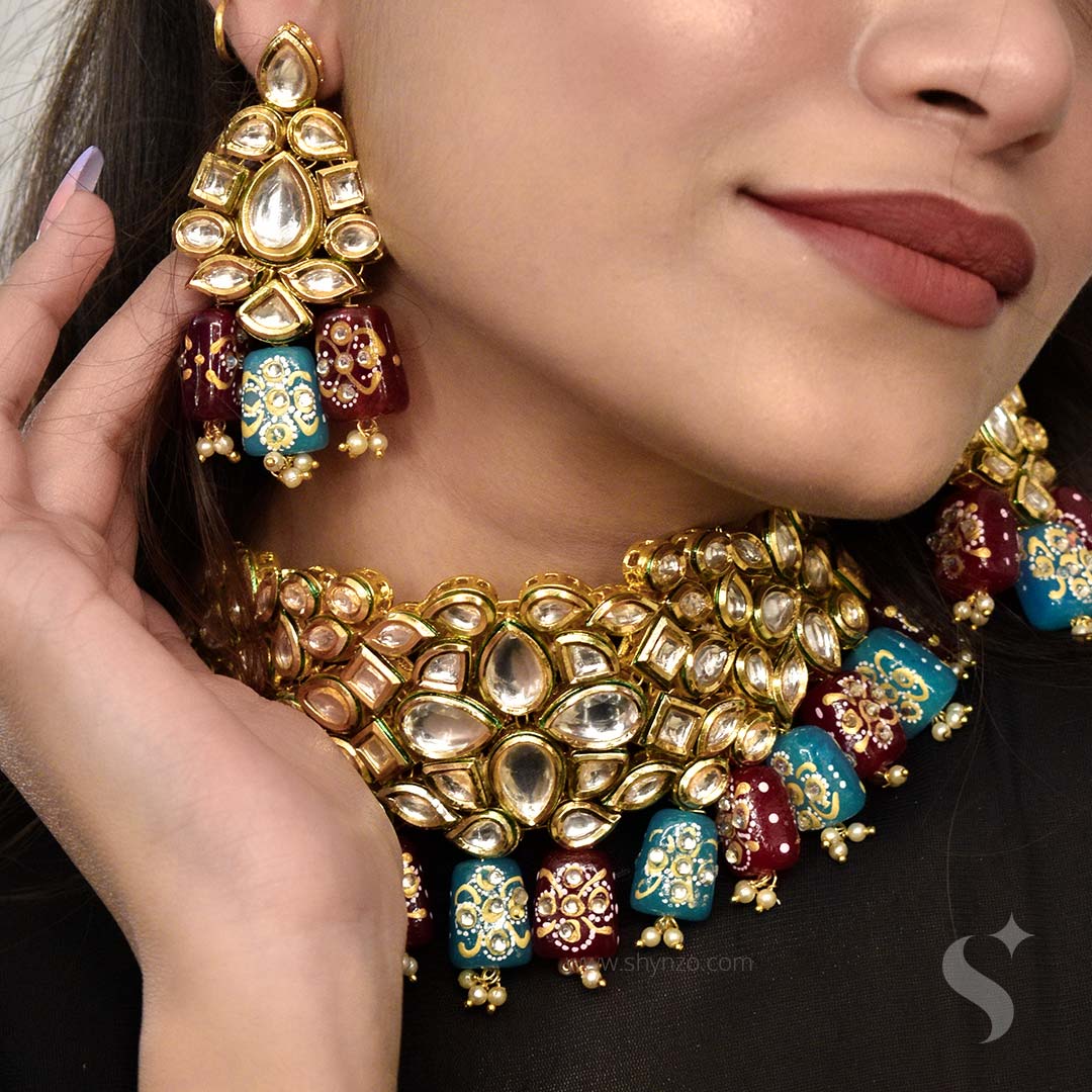 DAMINI – Jaipuri Enamel Work Dual Toned in Blue and Wine Choker Set with Kundan - Image 3