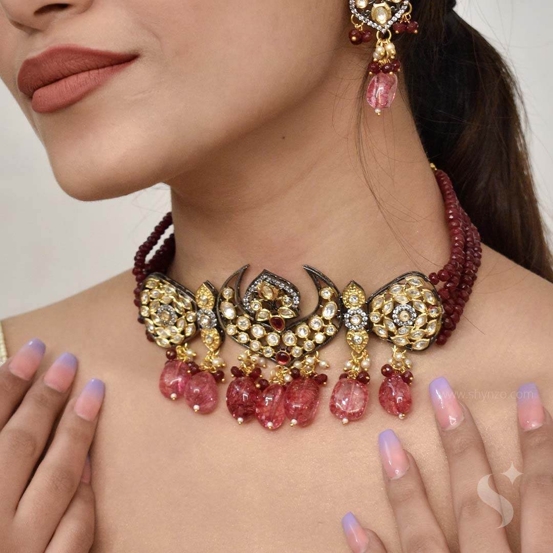 RAANI  - Festive Choker Set with Earrings in Majenta and Pink Shades