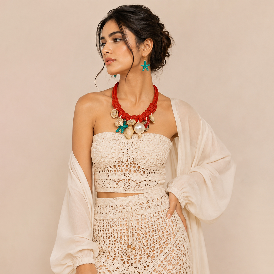 CORAL TIDE- A SEASHELL PEARL CHOKER & EARRINGS SET - Image 3