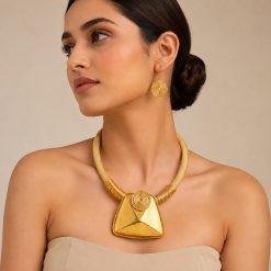 Alternative view of LUSTRE – MATTE GOLD TRAPEZOID NECKLACE & EARRING SET