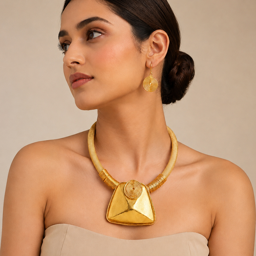 LUSTRE – MATTE GOLD TRAPEZOID NECKLACE & EARRING SET - Image 2